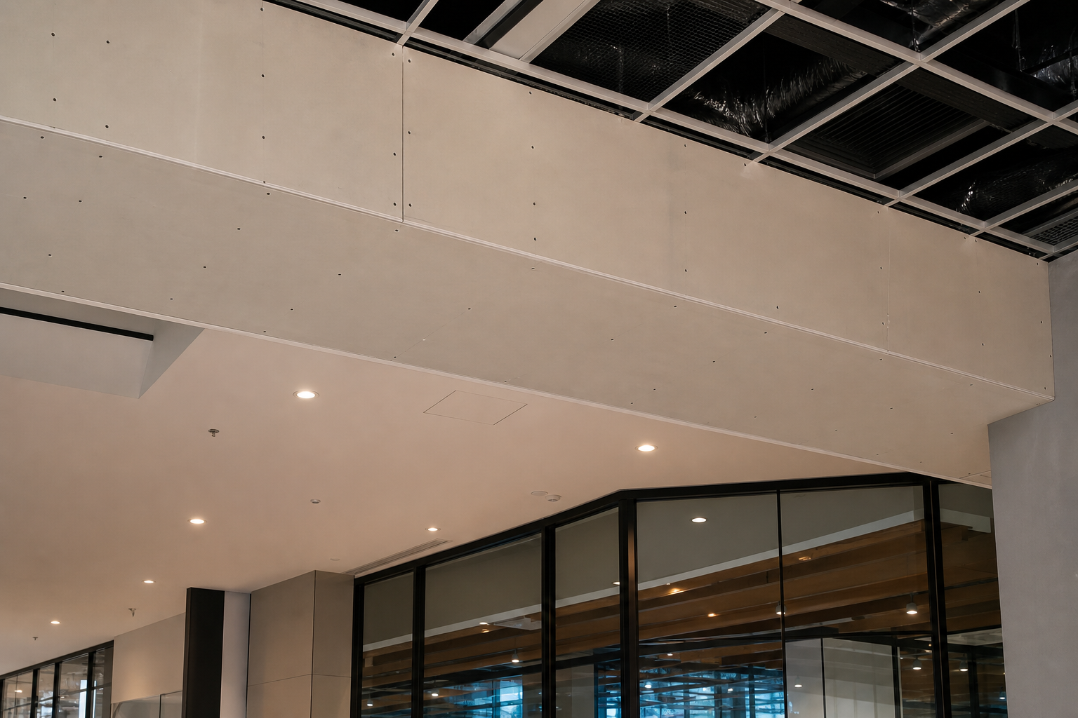Garden City podium ceiling works — installation
